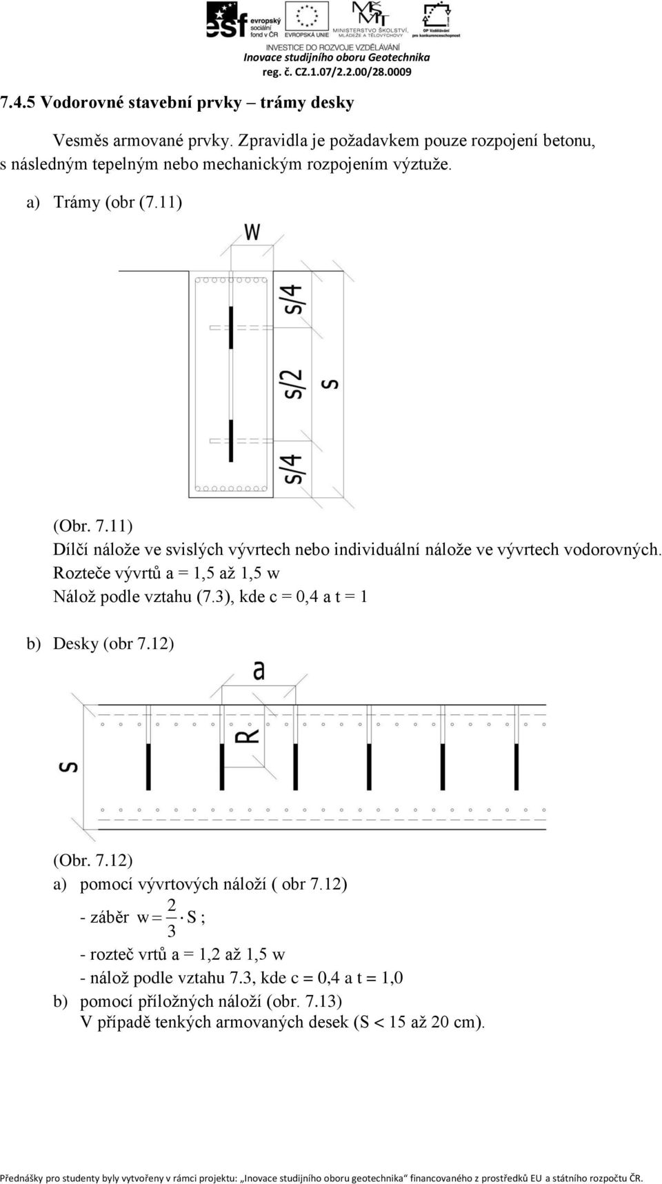 11) Dílčí nálože ve svislých vývrtech nebo individuální nálože ve vývrtech vodorovných. Rozteče vývrtů a = 1,5 až 1,5 w Nálož podle vztahu (7.