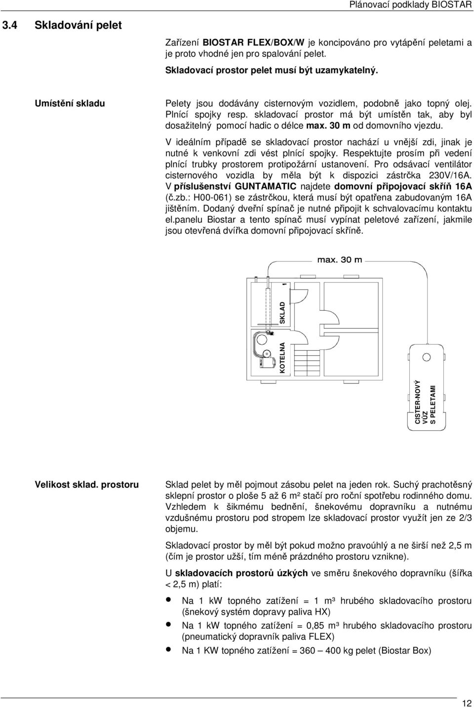 30 m od domovního vjezdu. V ideálním případě se skladovací prostor nachází u vnější zdi, jinak je nutné k venkovní zdi vést plnící spojky.