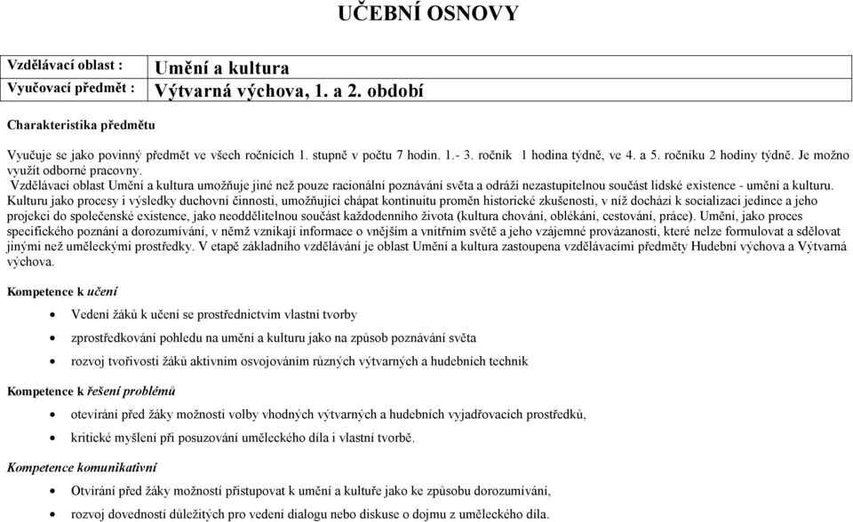 Vzdělávací oblast Umění a kultura umožňuje jiné než pouze racionální poznávání světa a odráží nezastupitelnou součást lidské existence - umění a kulturu.