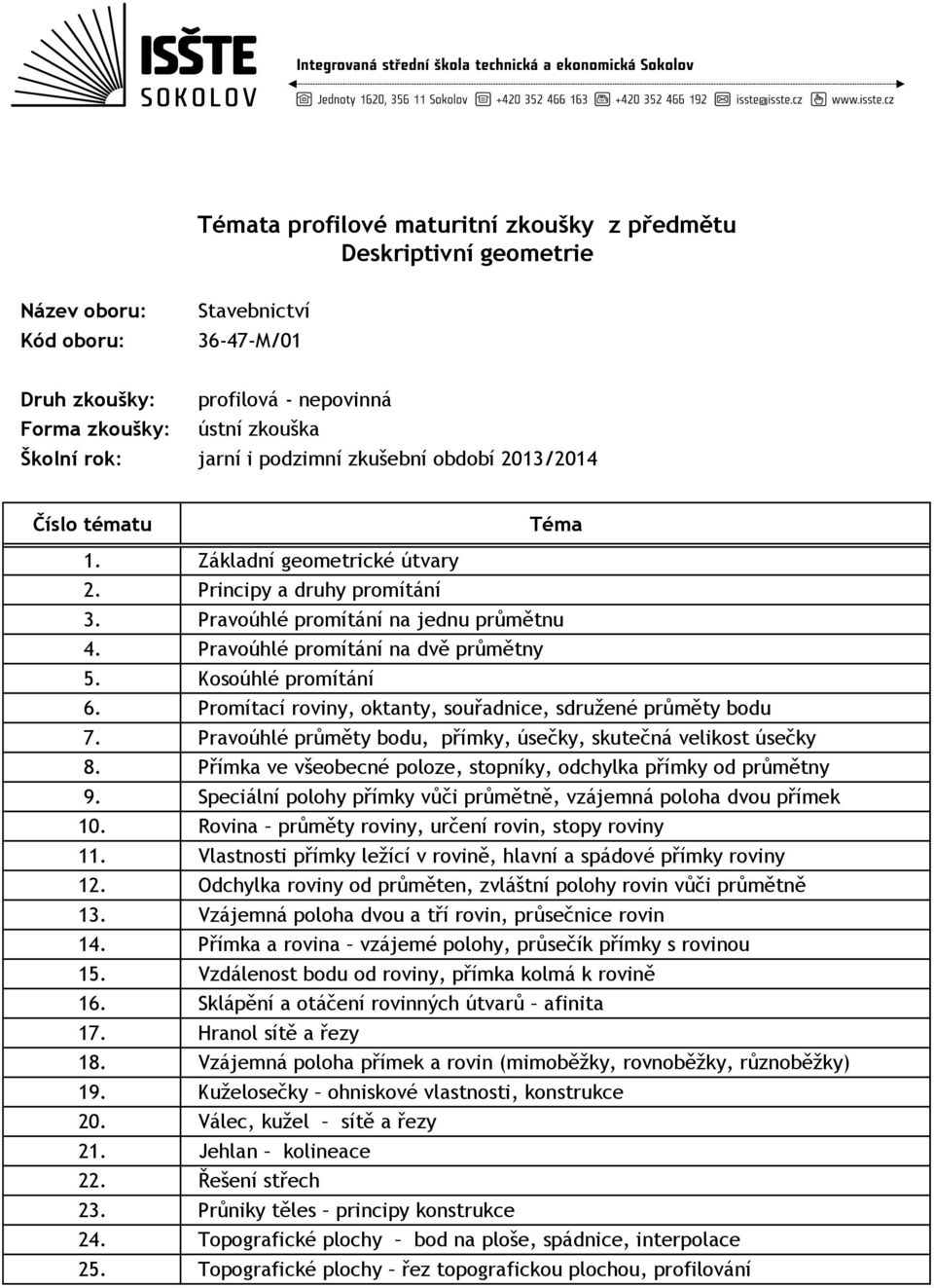 Pravoúhlé průměty bodu, přímky, úsečky, skutečná velikost úsečky 8. Přímka ve všeobecné poloze, stopníky, odchylka přímky od průmětny 9.