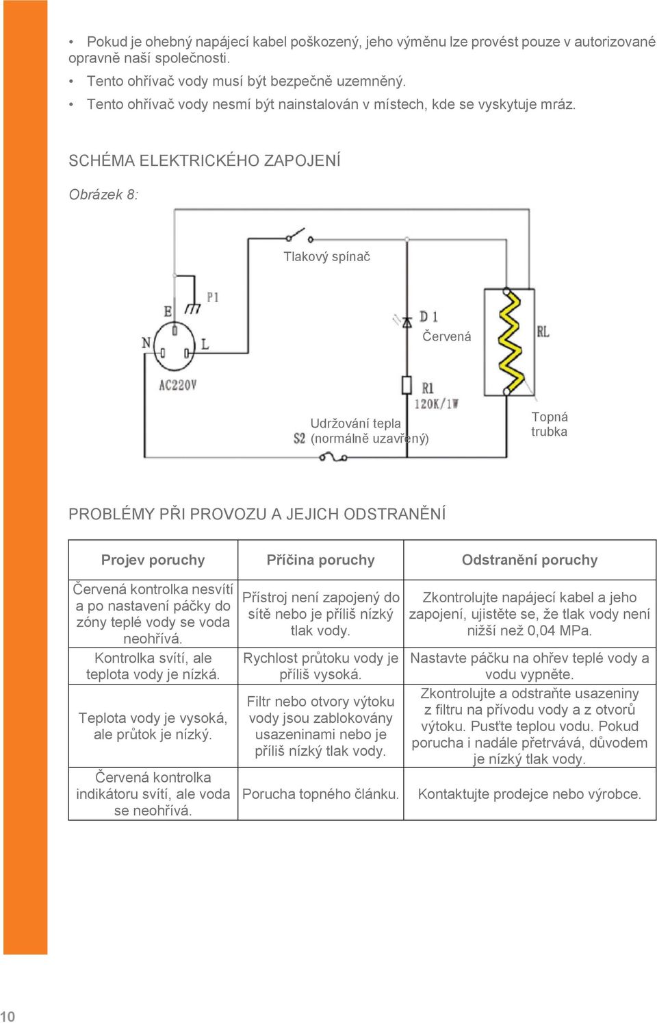 SCHÉMA ELEKTRICKÉHO ZAPOJENÍ Obrázek 8: Tlakový spínač Červená Udržování tepla (normálně uzavřený) Topná trubka PROBLÉMY PŘI PROVOZU A JEJICH ODSTRANĚNÍ Projev poruchy Příčina poruchy Odstranění