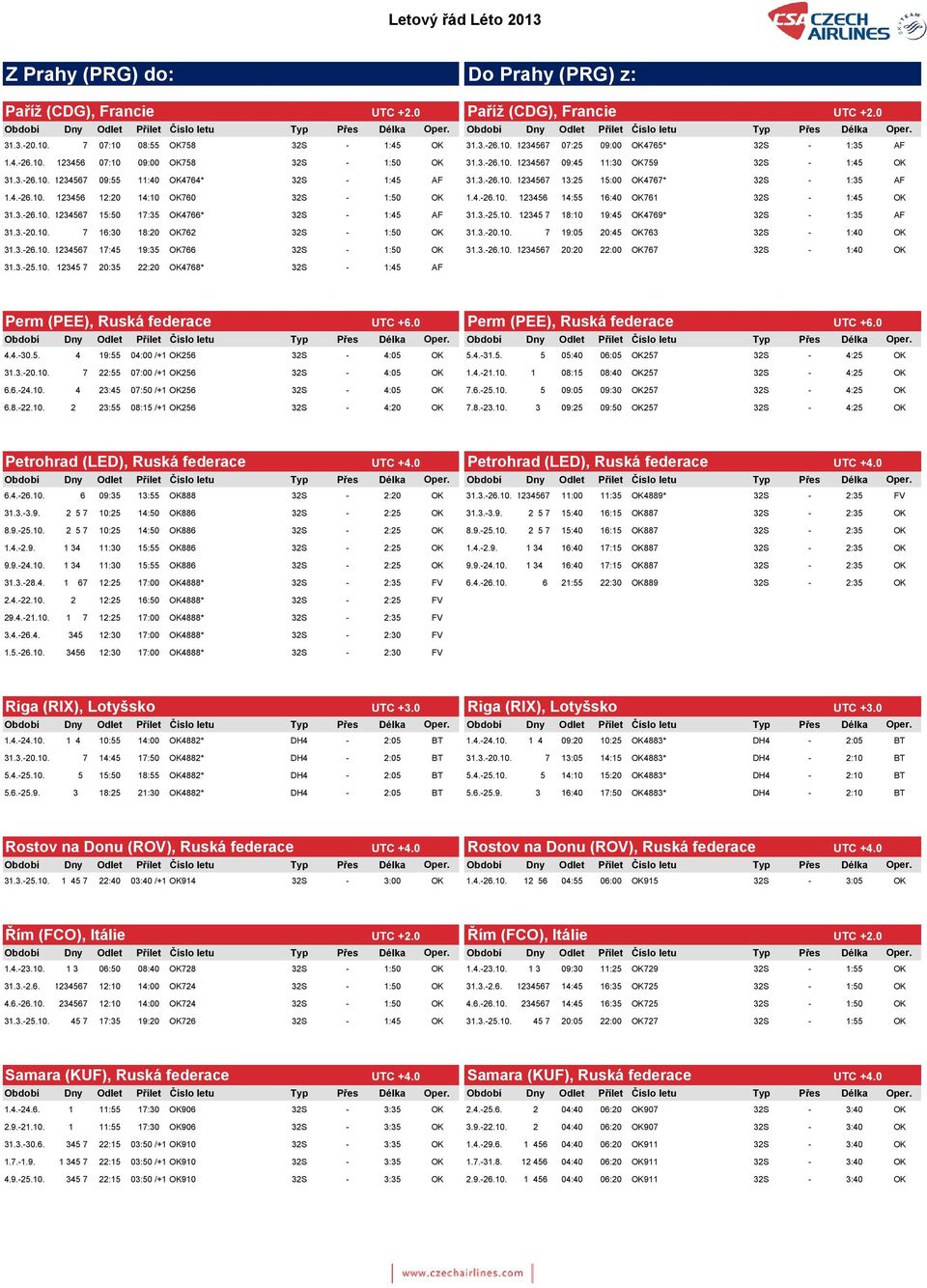 4.-26.10. 123456 14:55 16:40 OK761 32S - 1:45 OK 31.3.-26.10. 1234567 15:50 17:35 OK4766* 32S - 1:45 AF CDG31.3.-25.10. 12345 7 18:10 19:45 OK4769* 32S - 1:35 AF 31.3.-20.10. 7 16:30 18:20 OK762 32S - 1:50 OK CDG31.