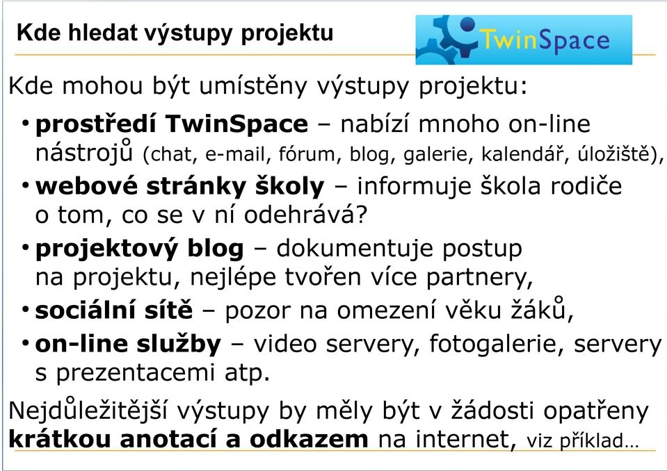 projektový blog dokumentuje postup na projektu, nejlépe tvořen více partnery, sociální sítě pozor na omezení věku žáků, on-line služby