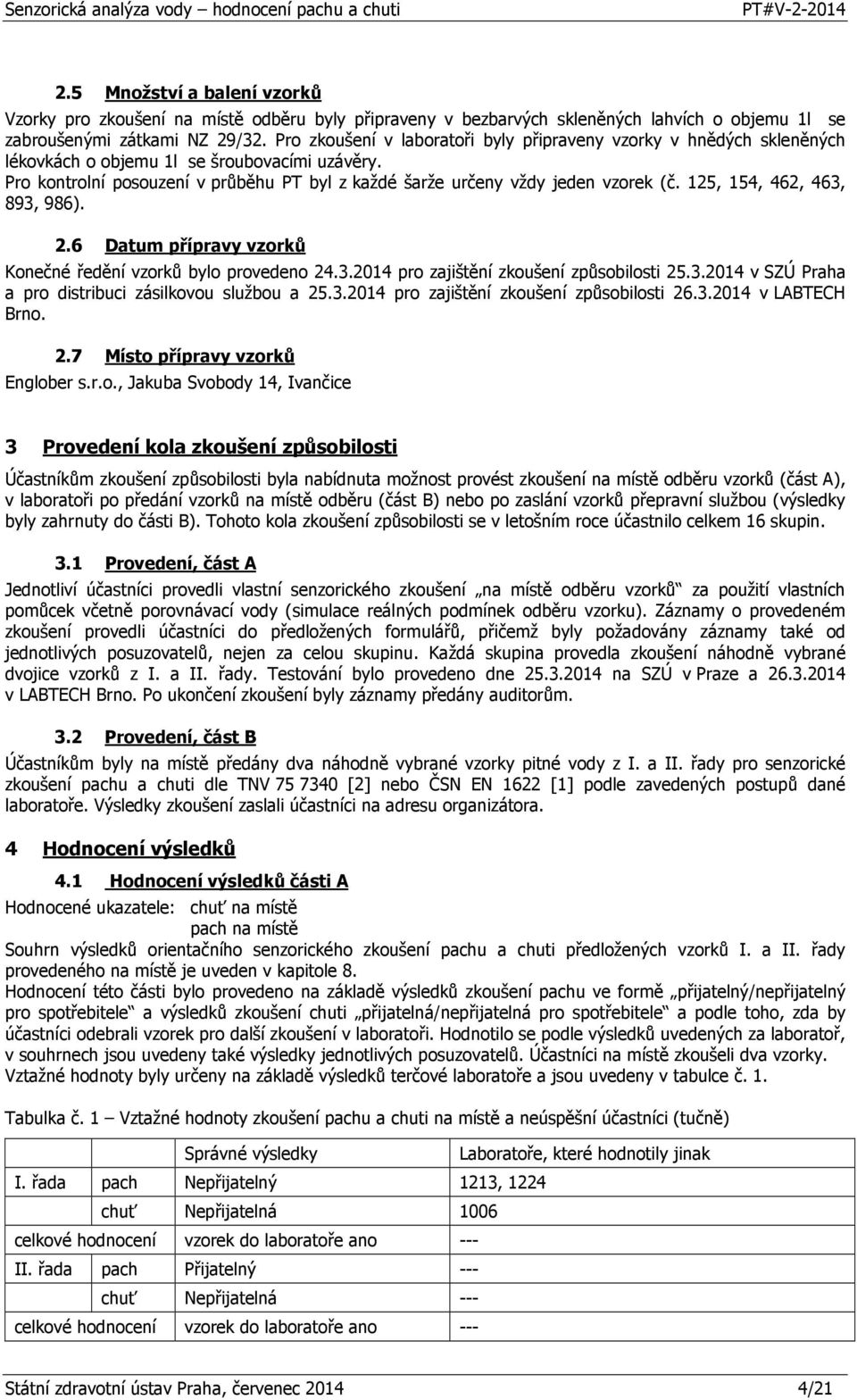 125, 154, 462, 463, 893, 986). 2.6 Datum přípravy vzorků Konečné ředění vzorků bylo provedeno 24.3.2014 pro zajištění zkoušení způsobilosti 25.3.2014 v SZÚ Praha a pro distribuci zásilkovou službou a 25.