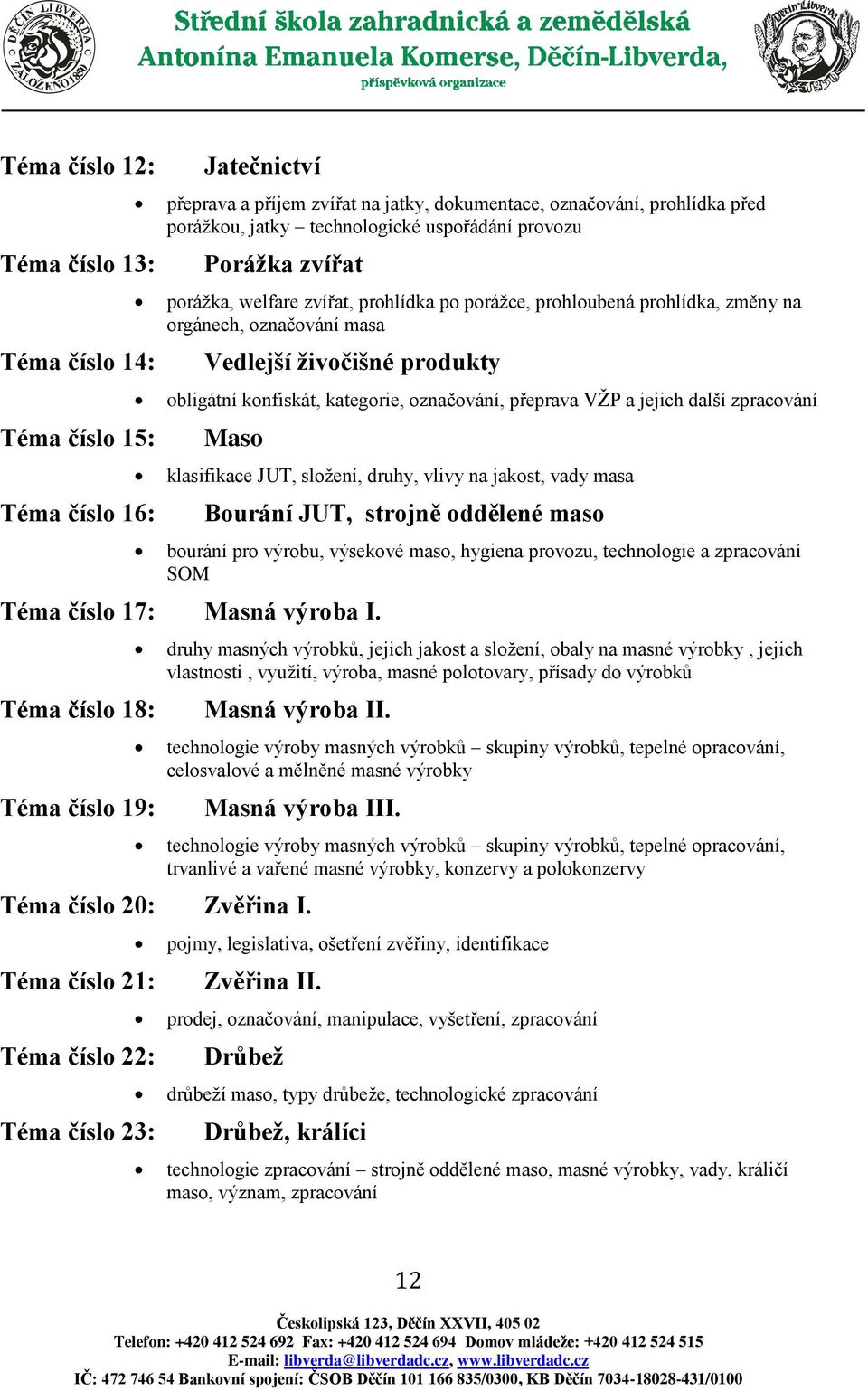 označování, přeprava VŽP a jejich další zpracování Maso klasifikace JUT, složení, druhy, vlivy na jakost, vady masa Bourání JUT, strojně oddělené maso bourání pro výrobu, výsekové maso, hygiena