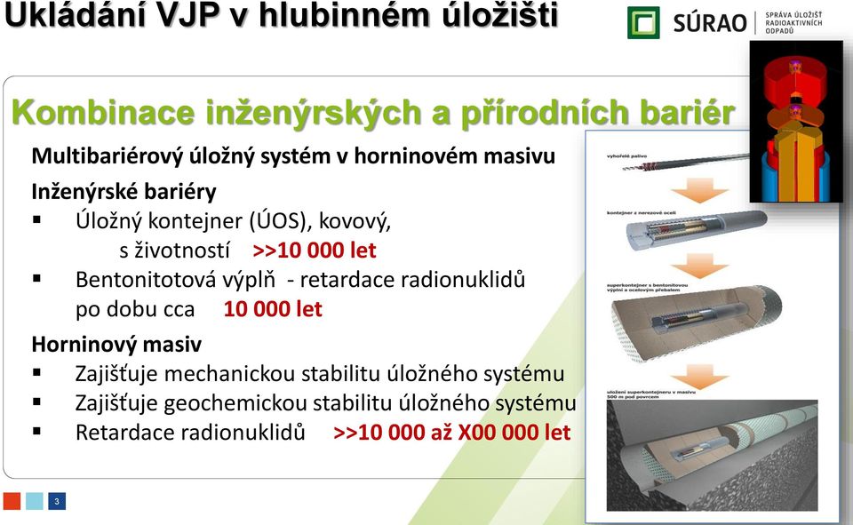 výplň - retardace radionuklidů po dobu cca 10 000 let Horninový masiv Zajišťuje mechanickou stabilitu