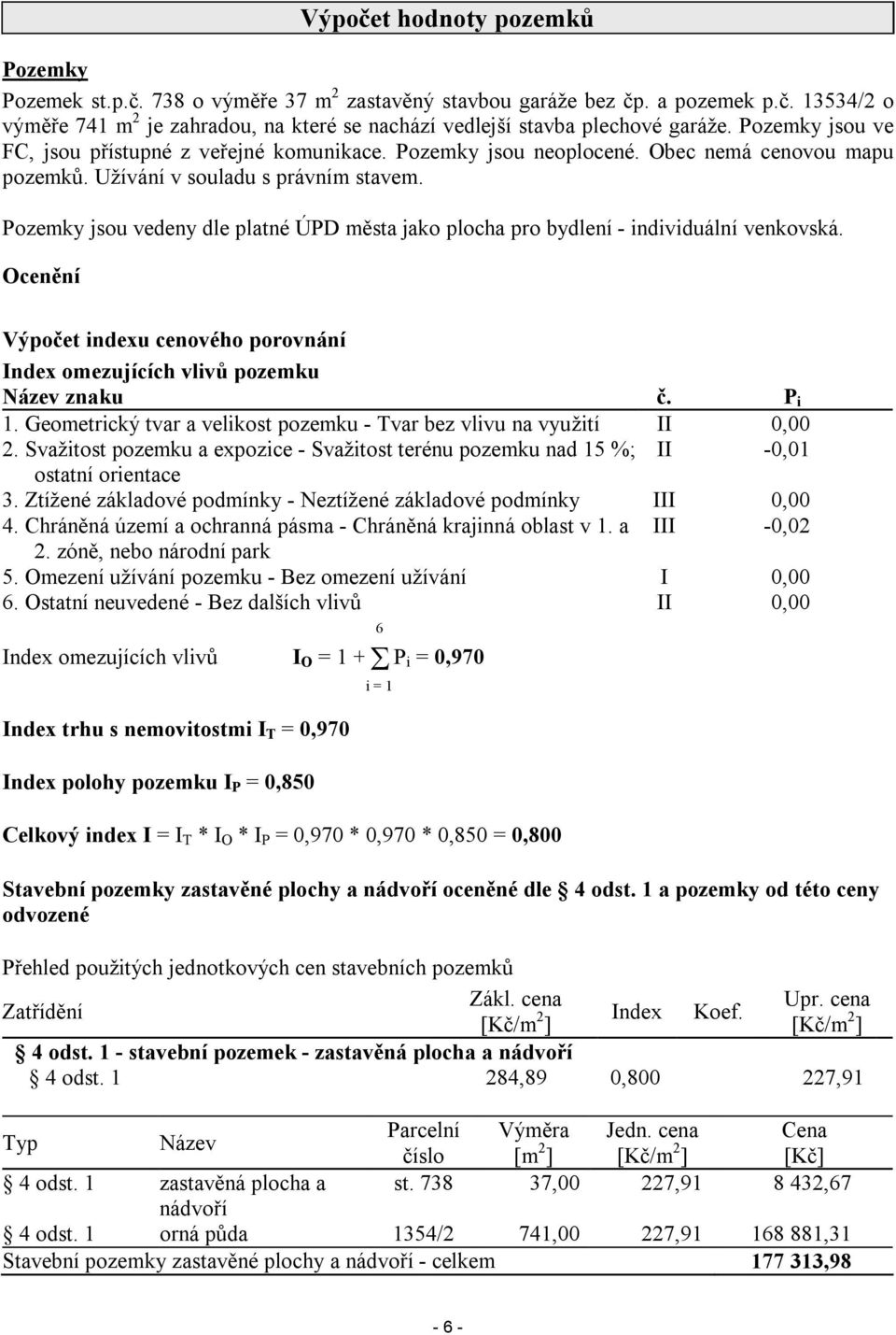 Pozemky jsou vedeny dle platné ÚPD města jako plocha pro bydlení - individuální venkovská. Ocenění Výpočet indexu cenového porovnání Index omezujících vlivů pozemku Název znaku č. P i 1.
