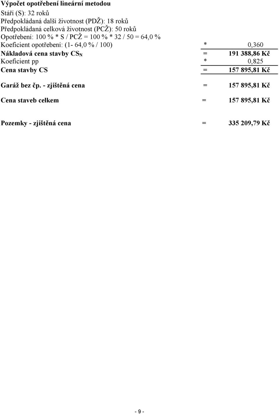 (1-64,0 % / 100) * 0,360 Nákladová cena stavby CS N = 191 388,86 Kč Koeficient pp * 0,825 Cena stavby CS = 157 895,81