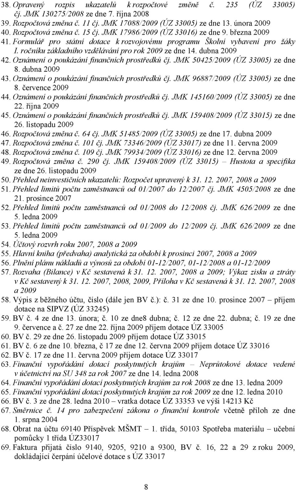 ročníku základního vzdělávání pro rok 2009 ze dne 14. dubna 2009 42. Oznámení o poukázání finančních prostředků čj. JMK 50425/2009 (ÚZ 33005) ze dne 8. dubna 2009 43.