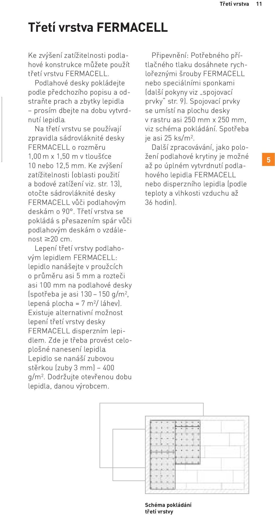 Na třetí vrstvu se používají zpravidla sádrovláknité desky FERMACELL o rozměru 1,00 m x 1,50 m v tloušťce 10 nebo 12,5 mm. Ke zvýšení zatížitelnosti (oblasti použití a bodové zatížení viz. str.