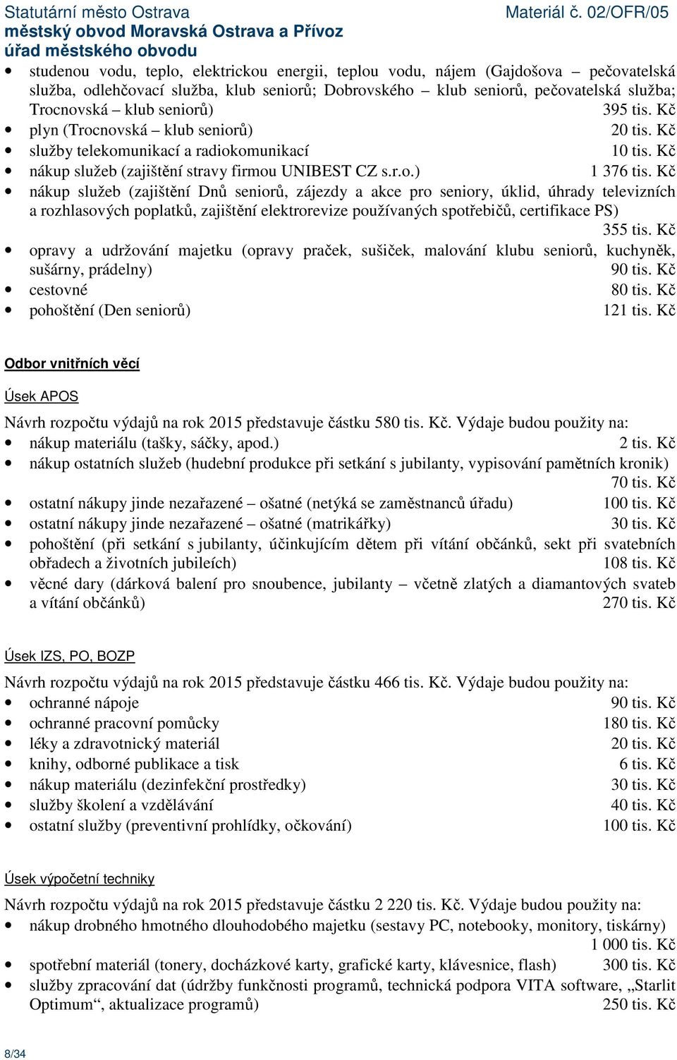 Kč nákup služeb (zajištění Dnů seniorů, zájezdy a akce pro seniory, úklid, úhrady televizních a rozhlasových poplatků, zajištění elektrorevize používaných spotřebičů, certifikace PS) 355 tis.