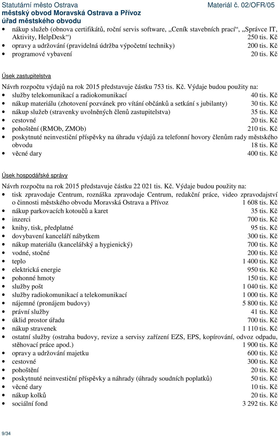 Kč nákup materiálu (zhotovení pozvánek pro vítání občánků a setkání s jubilanty) 30 tis. Kč nákup služeb (stravenky uvolněných členů zastupitelstva) 35 tis. Kč cestovné 20 tis.