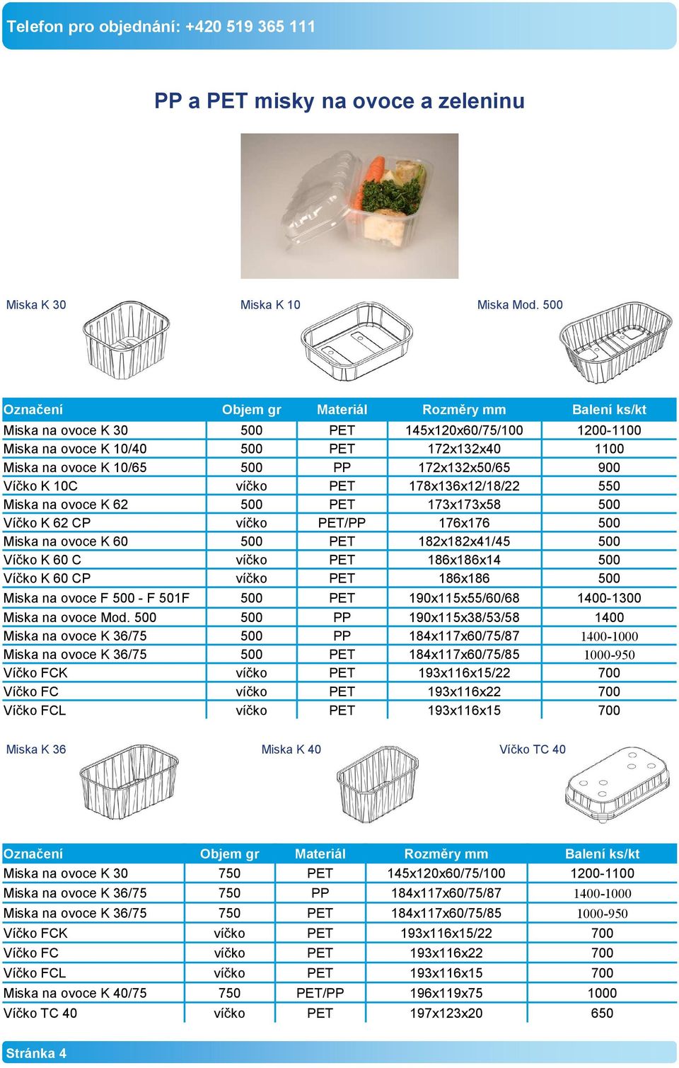 172x132x50/65 900 Víčko K 10C víčko PET 178x136x12/18/22 550 Miska na ovoce K 62 500 PET 173x173x58 500 Víčko K 62 CP víčko PET/PP 176x176 500 Miska na ovoce K 60 500 PET 182x182x41/45 500 Víčko K 60