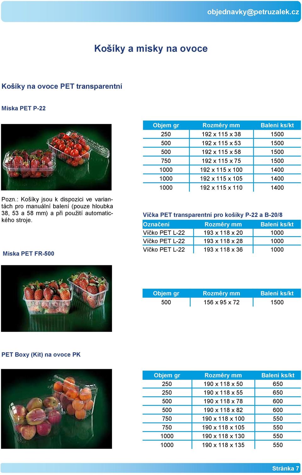 1000 192 x 115 x 105 1400 1000 192 x 115 x 110 1400 Pozn.: Košíky jsou k dispozici ve variantách pro manuální balení (pouze hloubka 38, 53 a 58 mm) a při použití automatického stroje.