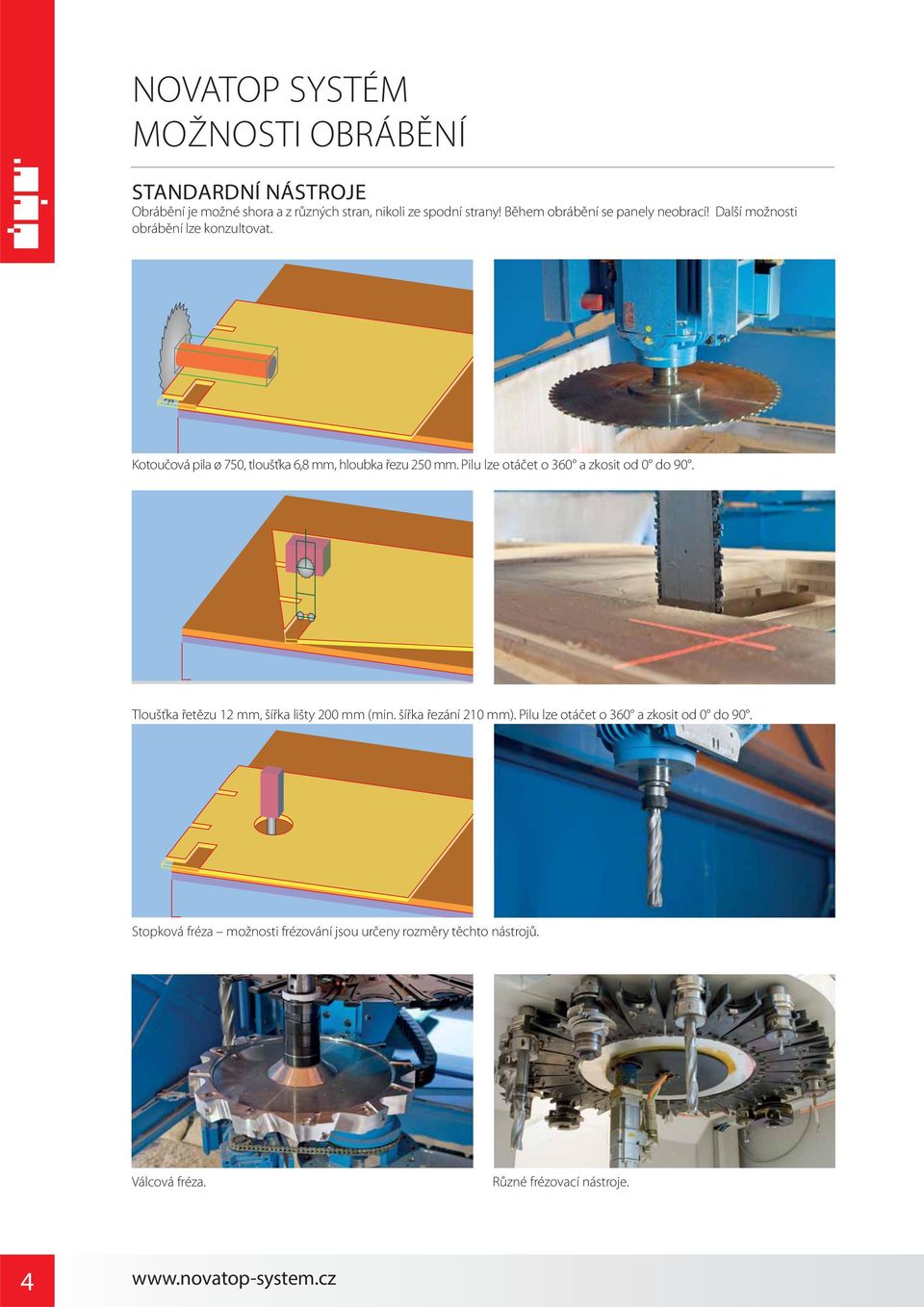 Kotoučová pila ø 750, tloušťka 6,8 mm, hloubka řezu 250 mm. Pilu lze otáčet o 360 a zkosit od 0 do 90.