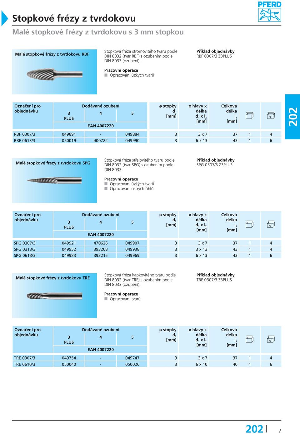 Opracování úzkých tvarů RBF 0307/3 Z3 3 4 5 RBF 0307/3 049891-049884 3 3 x 7 37 1 4 RBF 0613/3 050019 400722 049990 3 6 x 13 43 1 6 Malé stopkové frézy z tvrdokovu SPG Stopková fréza střelovitého