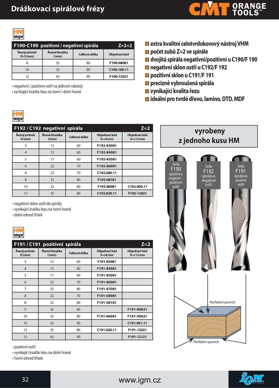 spirála negativní/pozitivní u C190/F 190 negativní sklon ostří u C192/F 192 pozitivní sklon u C191/F 191 precizně vybroušená spirála vynikající kvalita řezu ideální pro tvrdé dřevo, lamino, T, MF