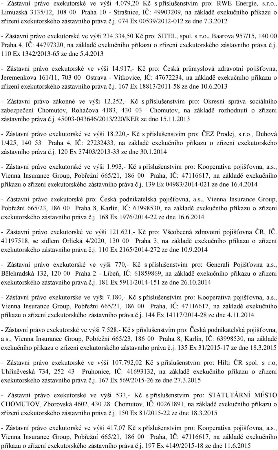 j. 110 Ex 1342/2013-65 ze dne 5.4.2013 - Zástavní právo exekutorské ve výši 14.