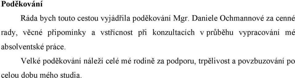 konzultacích v průběhu vypracování mé absolventské práce.