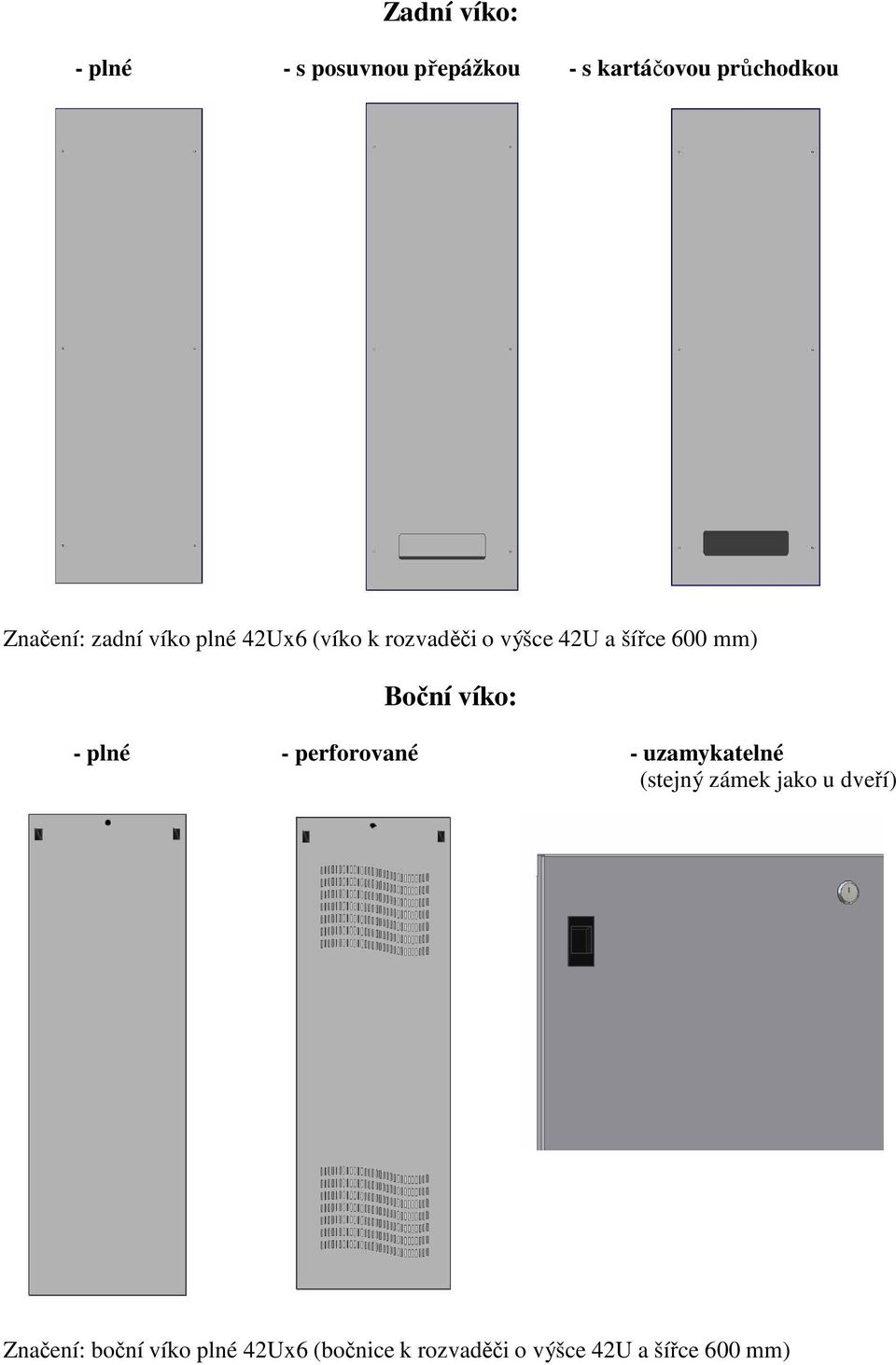 mm) Boční víko: - plné - perforované - uzamykatelné (stejný zámek jako u