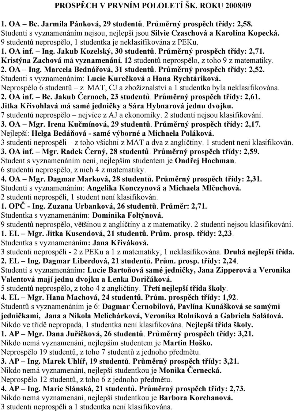 12 studentů neprospělo, z toho 9 z matematiky. 2. OA Ing. Marcela Bednářová, 31 studentů. Průměrný prospěch třídy: 2,52. Studenti s vyznamenáním: Lucie Kurečková a Hana Rychtáriková.