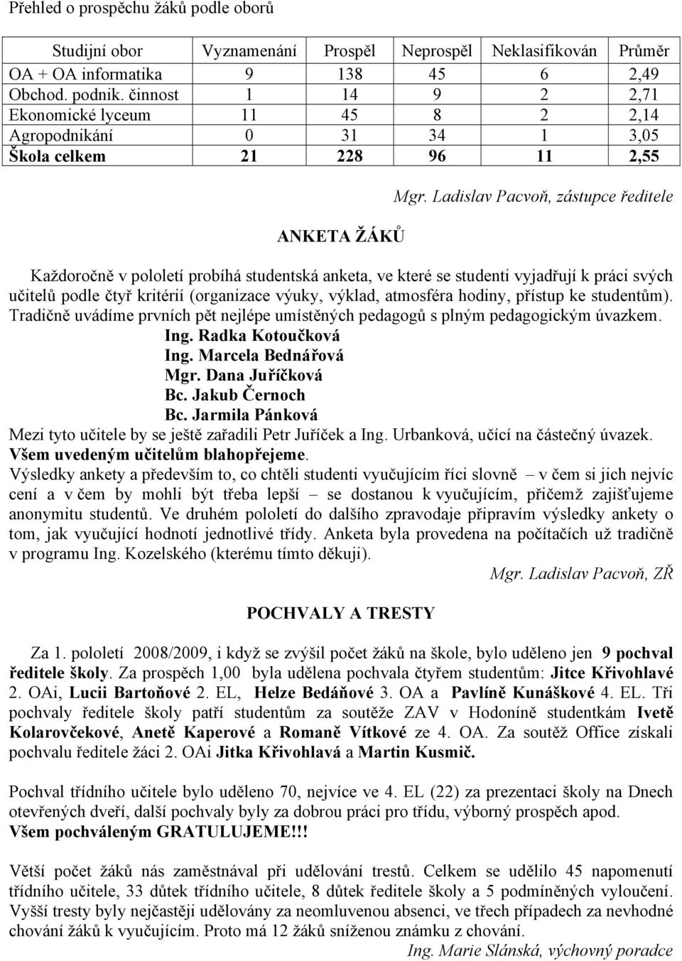 Ladislav Pacvoň, zástupce ředitele Každoročně v pololetí probíhá studentská anketa, ve které se studenti vyjadřují k práci svých učitelů podle čtyř kritérií (organizace výuky, výklad, atmosféra