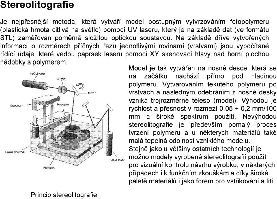 Na základě dříve vytvořených informací o rozměrech příčných řezů jednotlivými rovinami (vrstvami) jsou vypočítané řídící údaje, které vedou paprsek laseru pomocí XY skenovací hlavy nad horní plochou