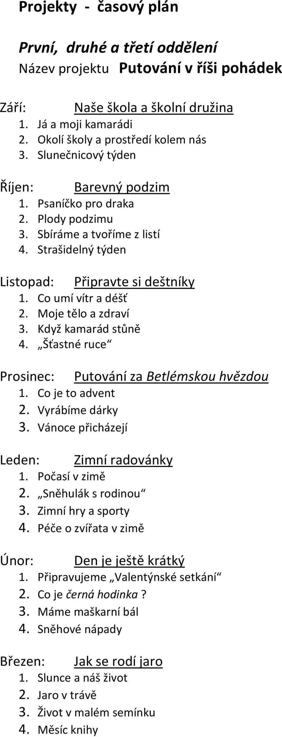 Moje tělo a zdraví 3. Když kamarád stůně 4. Šťastné ruce Prosinec: Putování za Betlémskou hvězdou 1. Co je to advent 2. Vyrábíme dárky 3. Vánoce přicházejí Leden: Zimní radovánky 1. Počasí v zimě 2.