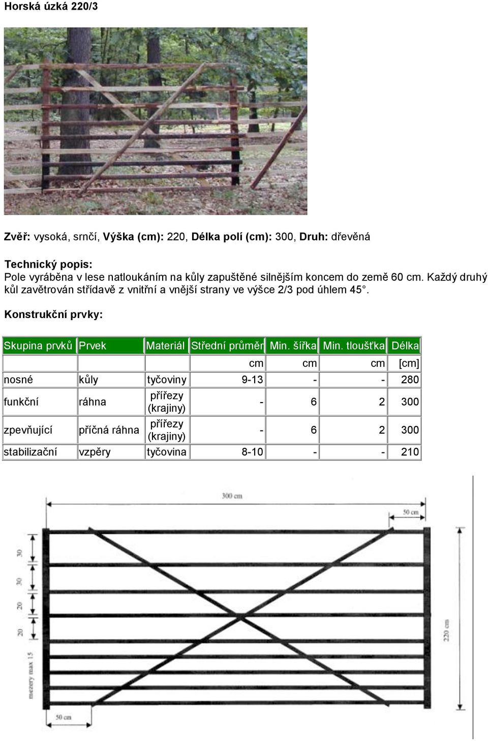 Každý druhý kůl zavětrován střídavě z vnitřní a vnější strany ve výšce 2/3 pod úhlem 45.