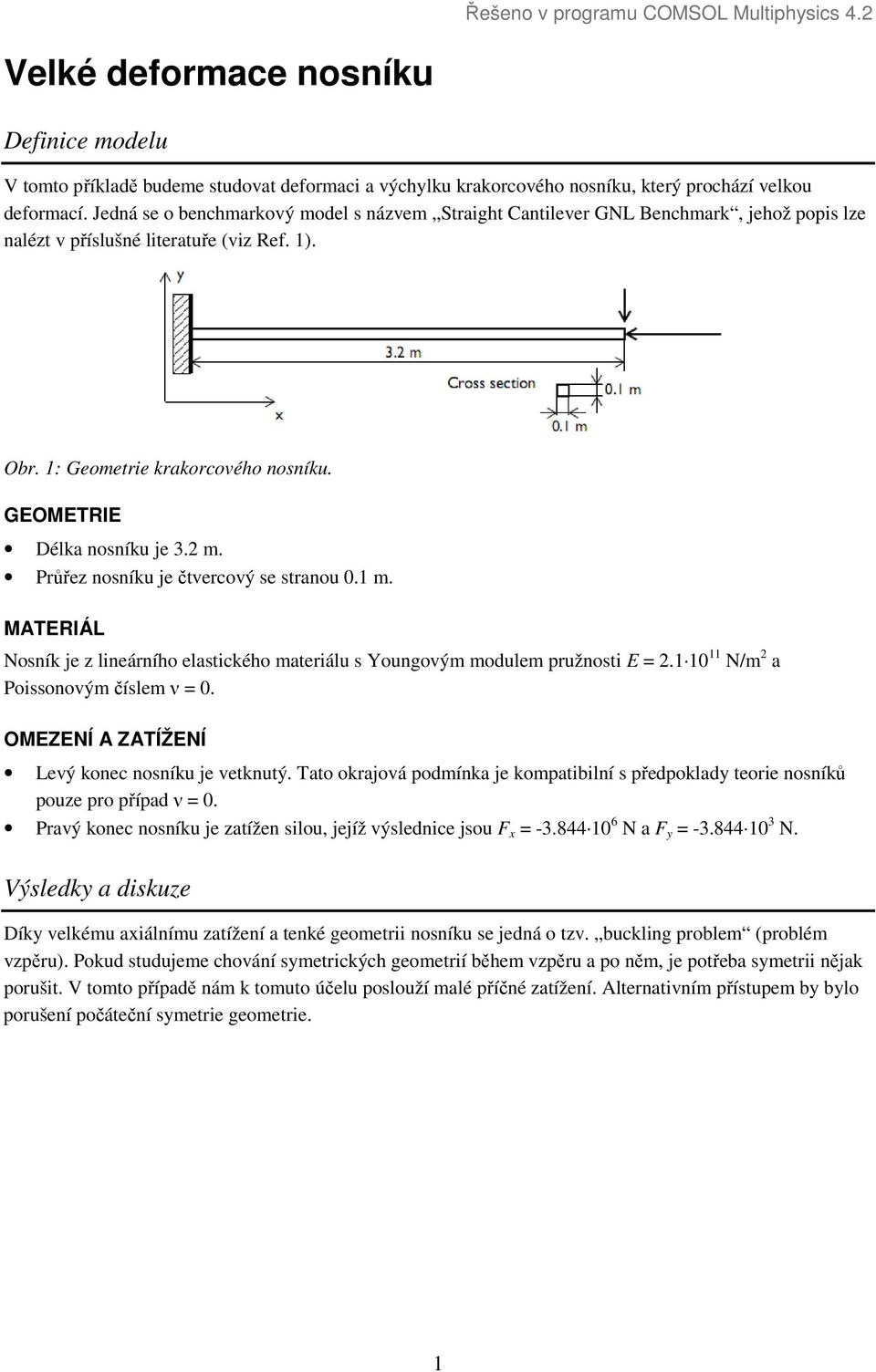GEOMETRIE Délka nosníku je 3.2 m. Průřez nosníku je čtvercový se stranou 0.1 m. MATERIÁL Nosník je z lineárního elastického materiálu s Youngovým modulem pružnosti E = 2.