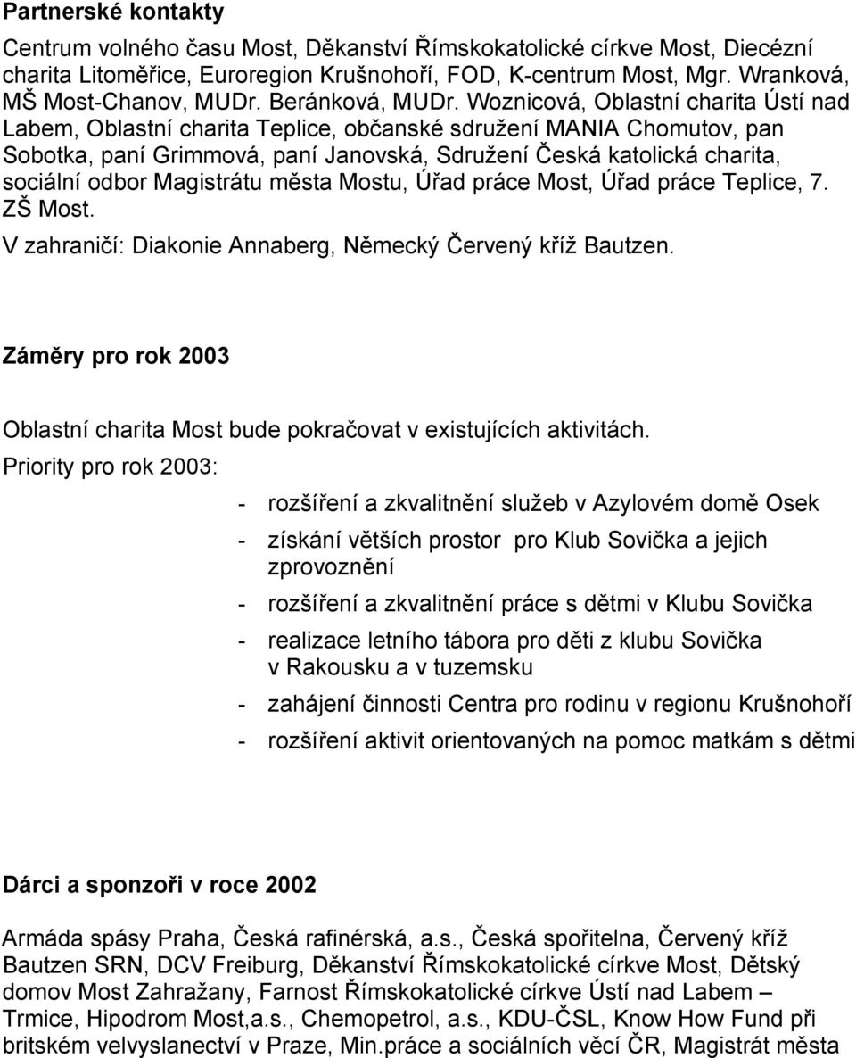 Woznicová, Oblastní charita Ústí nad Labem, Oblastní charita Teplice, občanské sdružení MANIA Chomutov, pan Sobotka, paní Grimmová, paní Janovská, Sdružení Česká katolická charita, sociální odbor