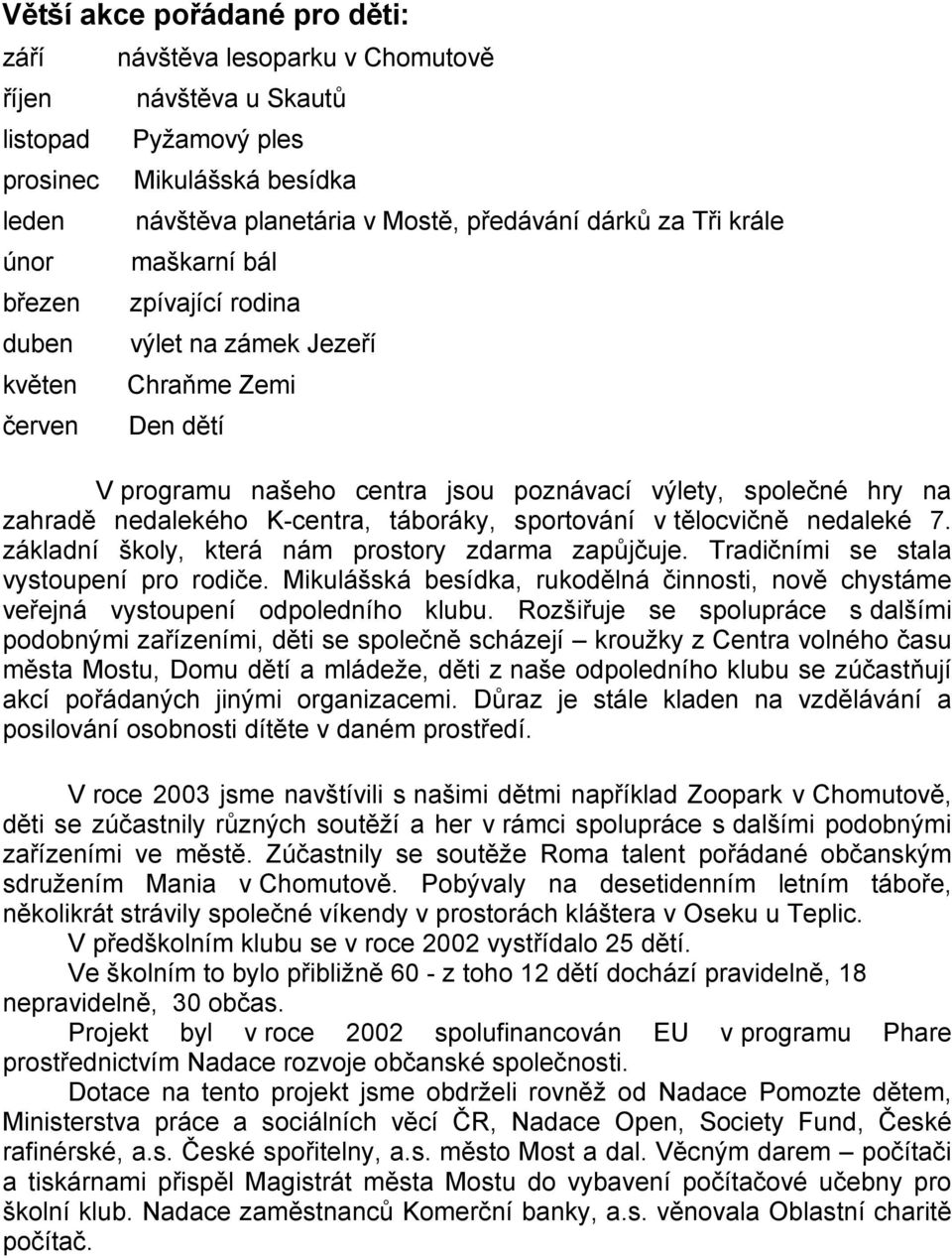 K-centra, táboráky, sportování v tělocvičně nedaleké 7. základní školy, která nám prostory zdarma zapůjčuje. Tradičními se stala vystoupení pro rodiče.