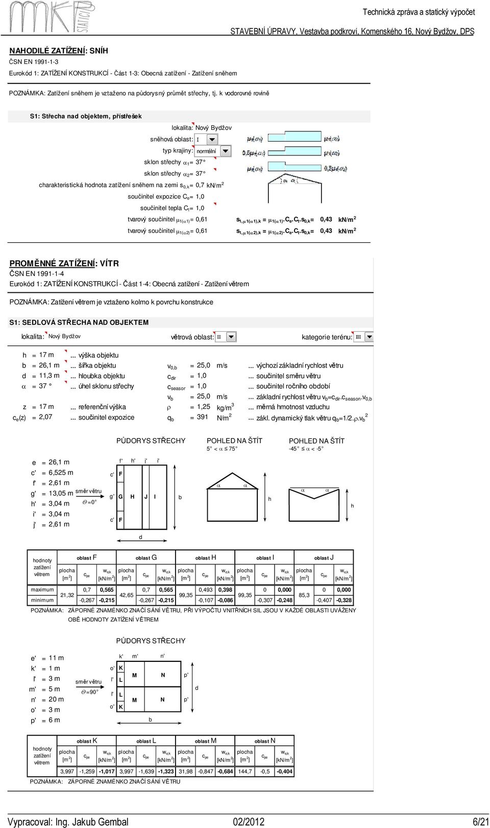 zatížení sněhem na zemi s 0,k = 0,7 kn/m 2 součinitel expozice C e = 1,0 součinitel tepla C t = 1,0 tvarový součinitel µ 1(α1)= 0,61 s 1,µ 1(α1),k = µ 1(α1).C e.c t.