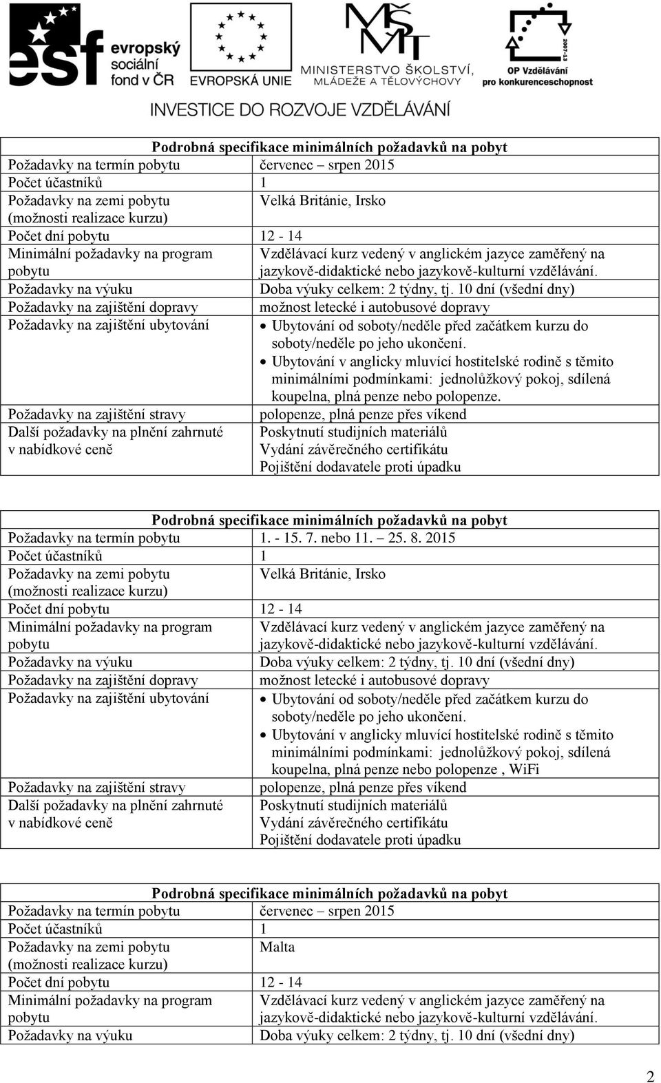 10 dní (všední dny) Požadavky na zajištění dopravy Požadavky na zajištění ubytování Další požadavky na plnění zahrnuté možnost letecké i autobusové dopravy Ubytování od soboty/neděle před začátkem