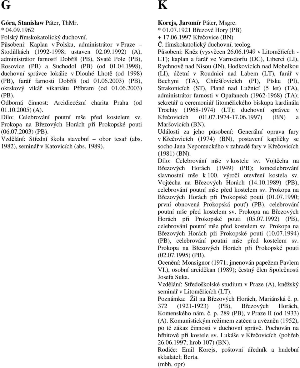 10.2005) (A). (06.07.2003) (PB). Vzdělání: Střední škola stavební obor tesař (abs. 1982), seminář v Katovicích (abs. 1989). K Korejs, Jaromír Páter, Msgre. * 01.07.1921 Březové Hory (PB) + 17.06.1997 Křečovice (BN) Č.