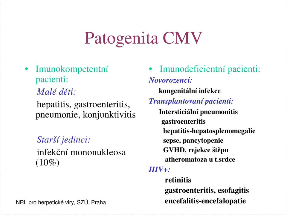 Transplantovaní pacienti: Intersticiální pneumonitis gastroenteritis hepatitis-hepatosplenomegalie sepse,