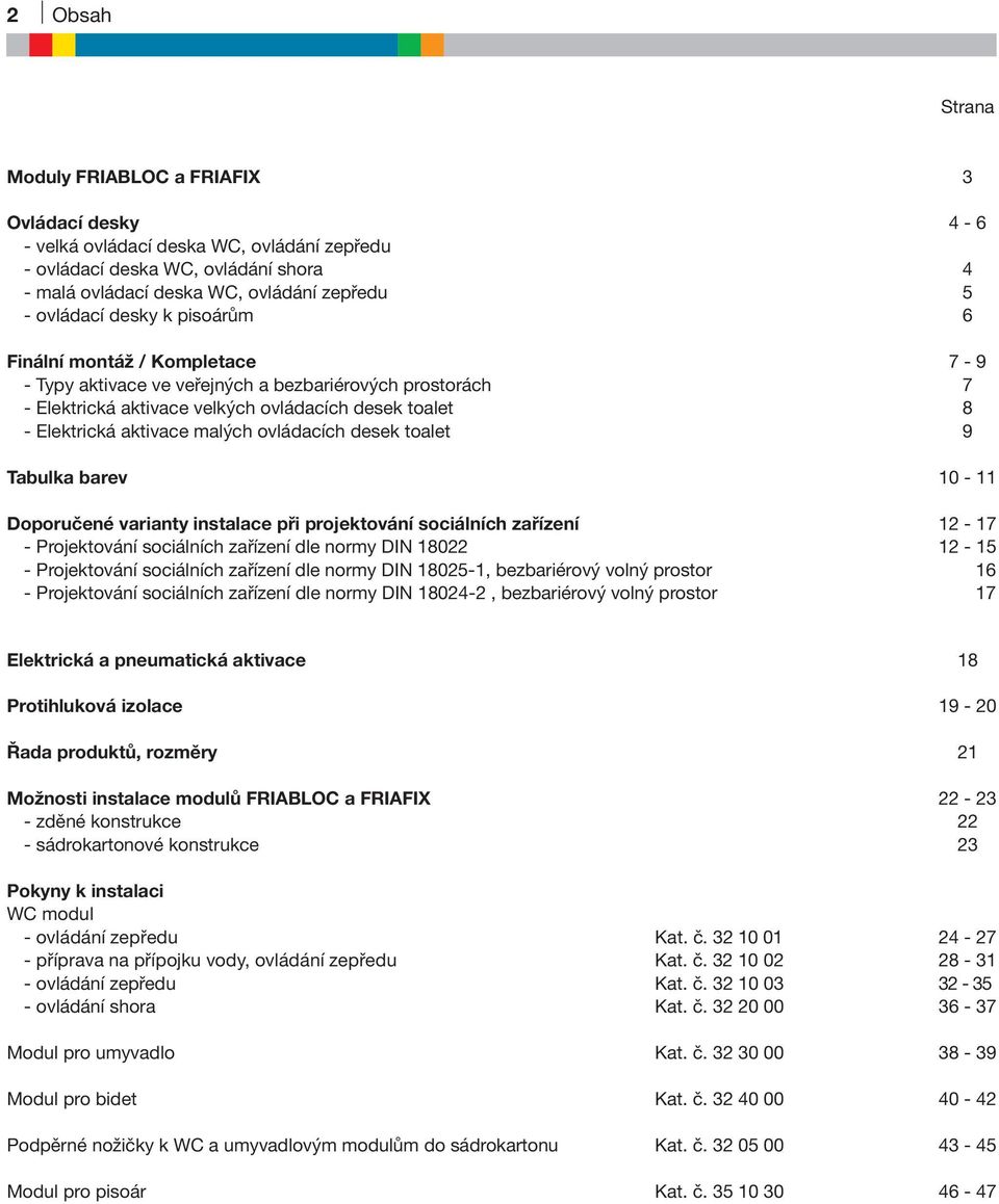 ovládacích desek toalet 9 Tabulka barev 10-11 Doporučené varianty instalace při projektování sociálních zařízení 12-17 - Projektování sociálních zařízení dle normy DIN 18022 12-15 - Projektování