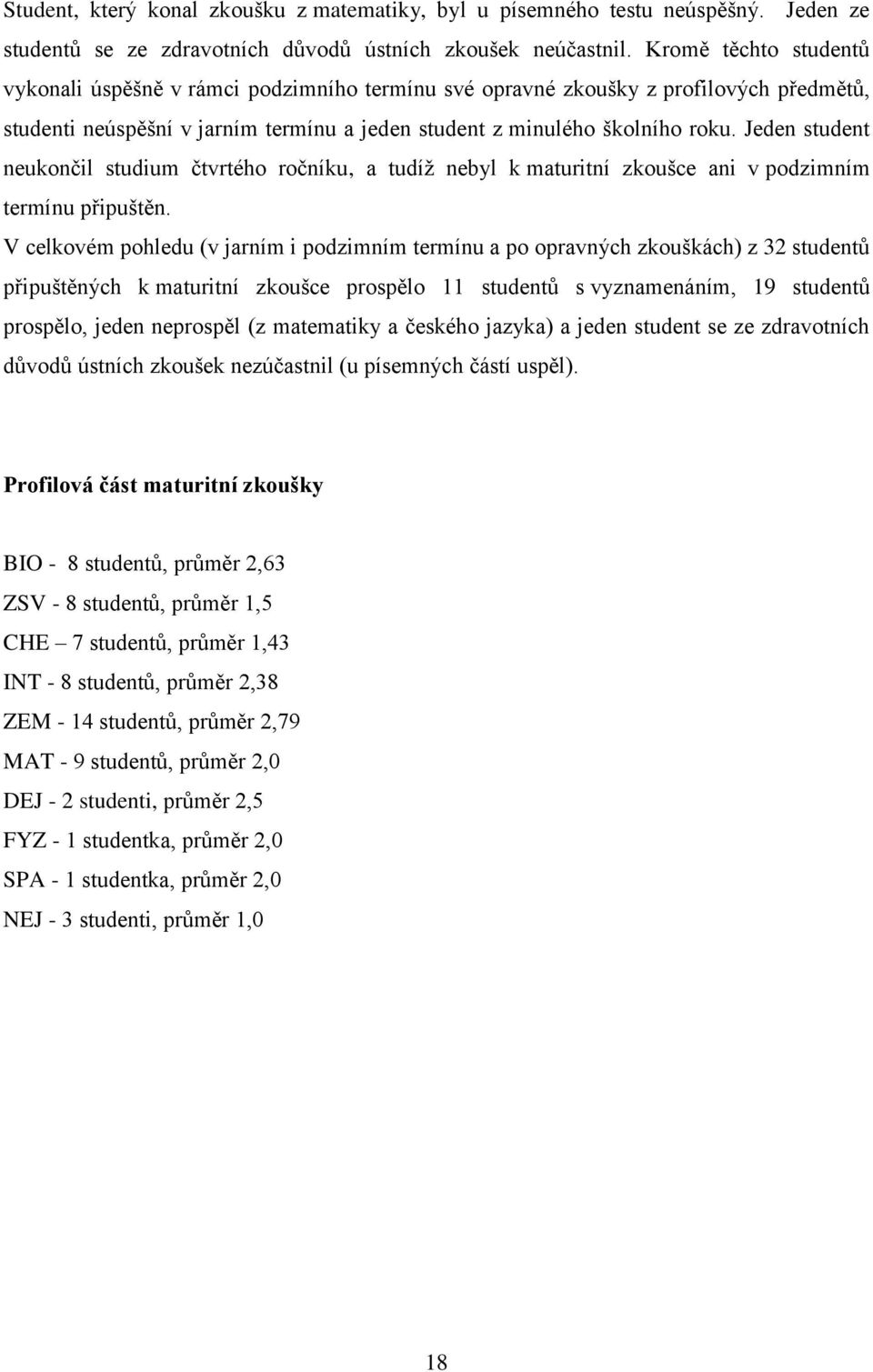 Jeden student neukončil studium čtvrtého ročníku, a tudíž nebyl k maturitní zkoušce ani v podzimním termínu připuštěn.