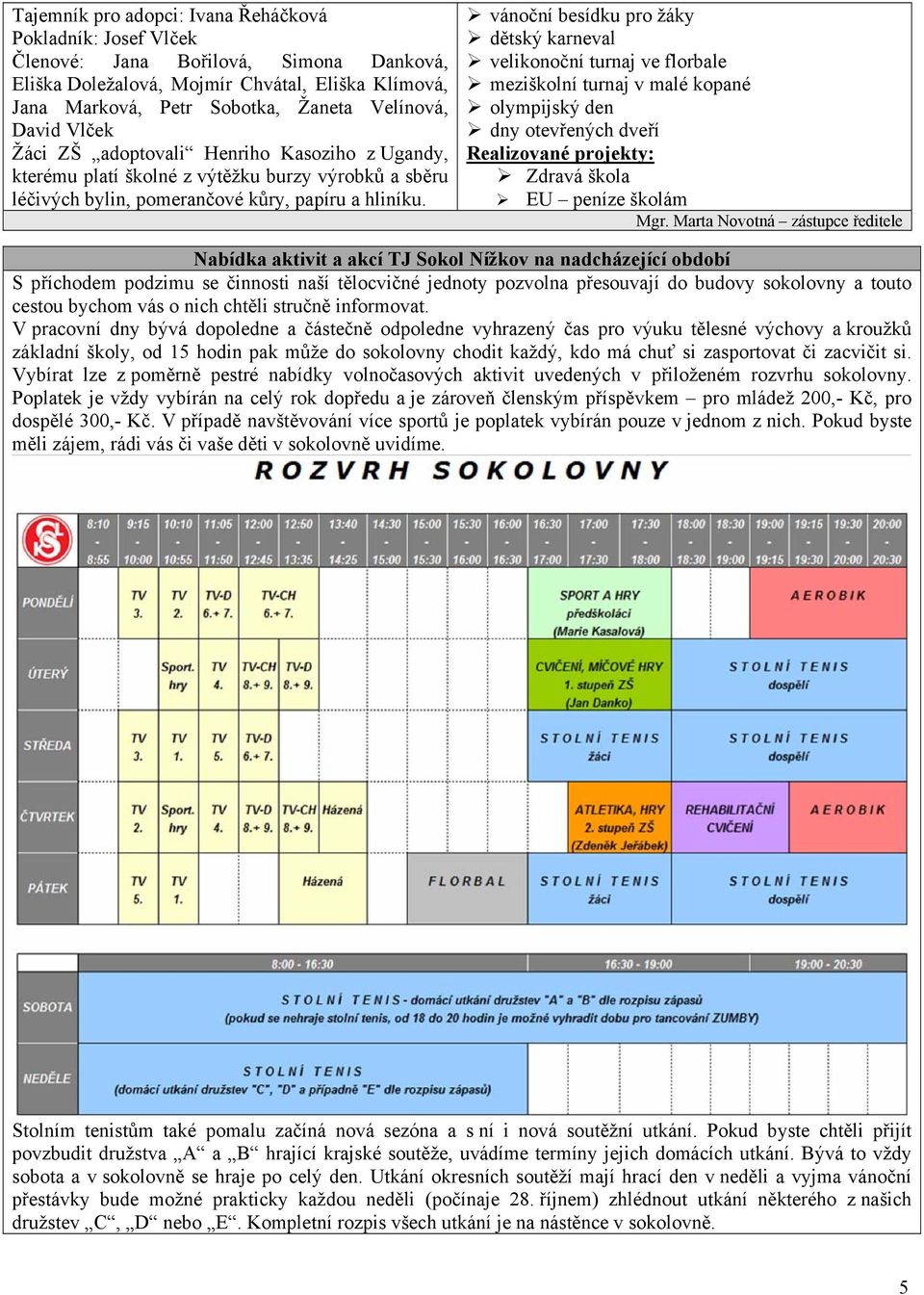 vánoční besídku pro žáky dětský karneval velikonoční turnaj ve florbale meziškolní turnaj v malé kopané olympijský den dny otevřených dveří Realizované projekty: Zdravá škola EU peníze školám Mgr.