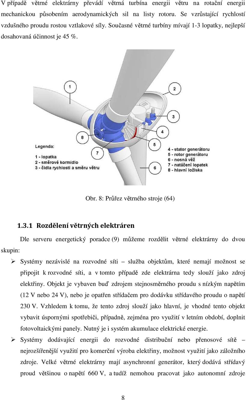 lopatky, nejlepší dosahovaná účinnost je 45 %. Obr. 8: Průřez větrného stroje (64) 1.3.