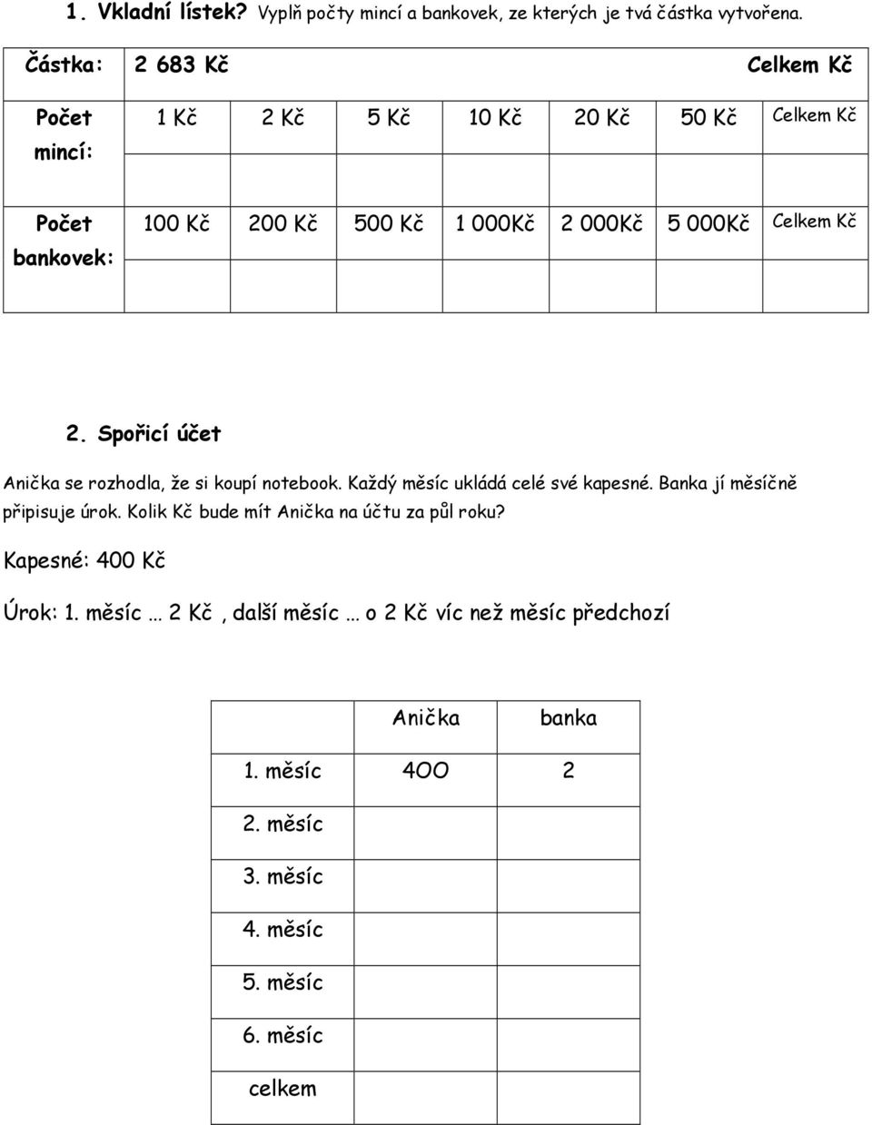 000Kč Celkem Kč 2. Spořicí účet Anička se rozhodla, že si koupí notebook. Každý měsíc ukládá celé své kapesné. Banka jí měsíčně připisuje úrok.