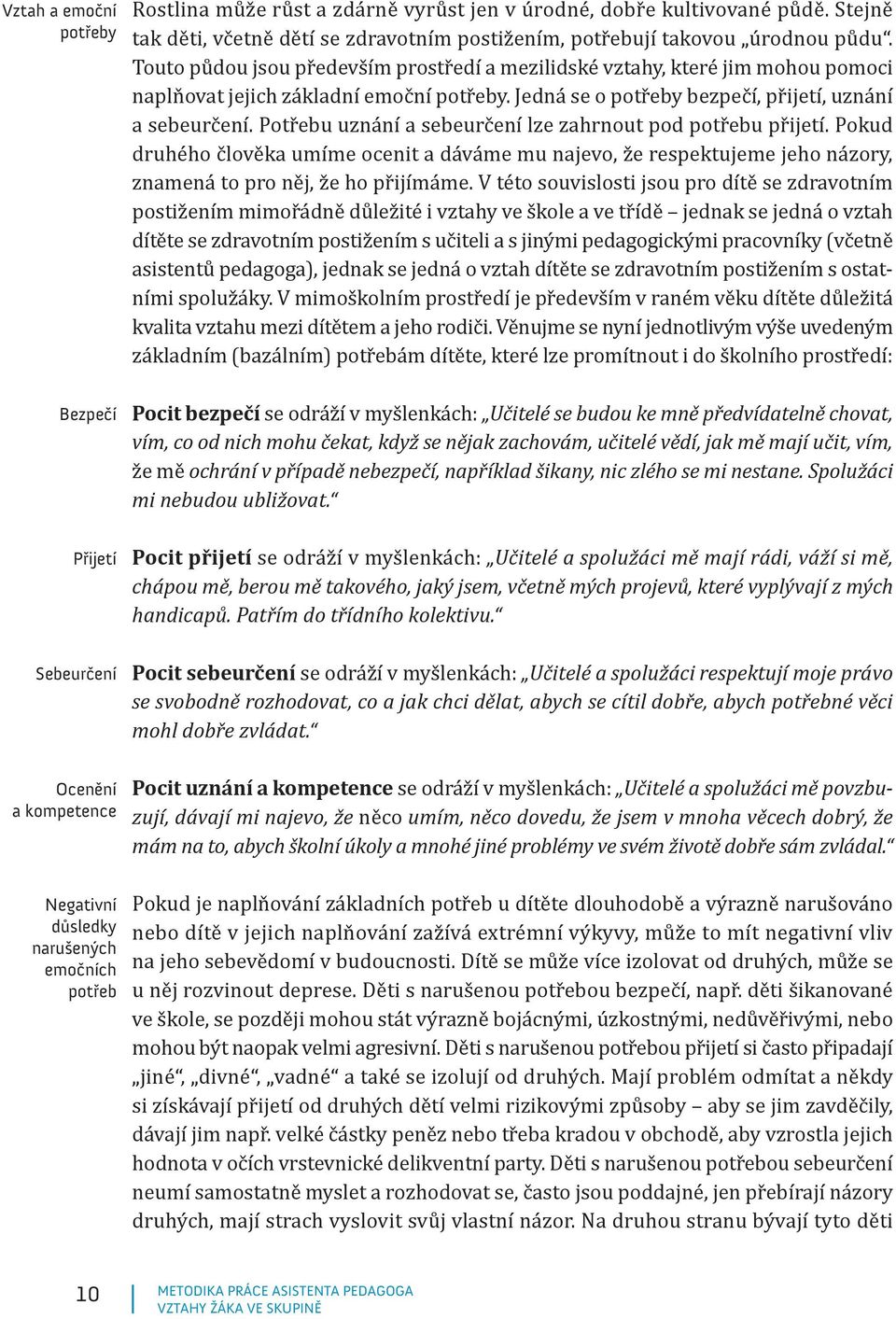 Touto půdou jsou především prostředí a mezilidské vztahy, které jim mohou pomoci naplňovat jejich základní emoční potřeby. Jedná se o potřeby bezpečí, přijetí, uznání a sebeurčení.