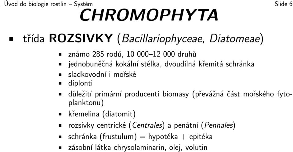 důležití primární producenti biomasy (převážná část mořského fytoplanktonu) křemelina (diatomit) rozsivky