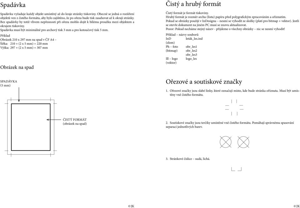 Příklad Obrázek 210 x 297 mm na spad v ČF A4 Šířka: 210 + (2 x 5 mm) = 220 mm Výška: 297 + (2 x 5 mm) = 307 mm Obrázek na spad Čistý a hrubý formát Čistý formát je formát tiskoviny.