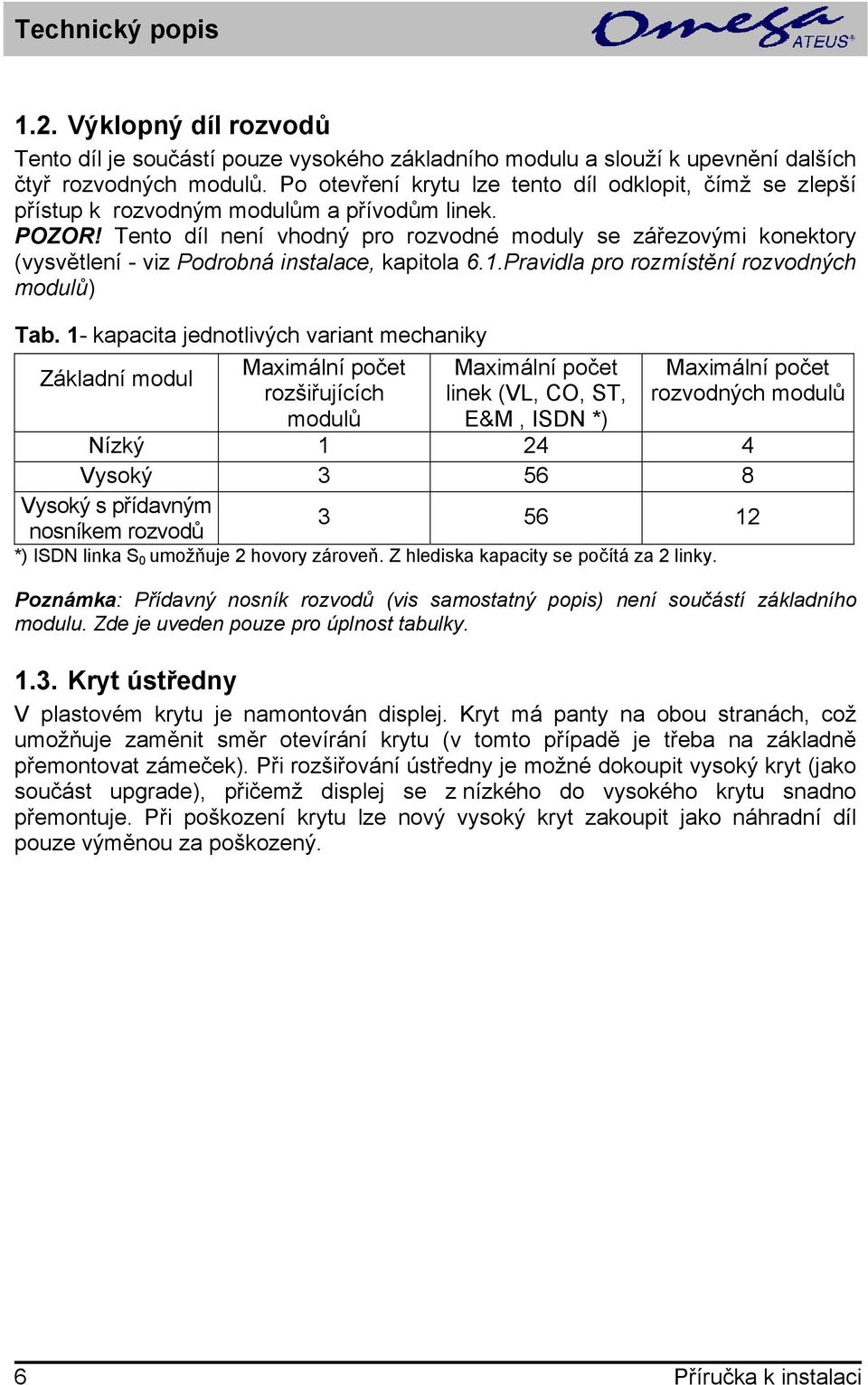 Tento díl není vhodný pro rozvodné moduly se zářezovými konektory (vysvětlení - viz Podrobná instalace, kapitola 6.1.Pravidla pro rozmístění rozvodných modulů) Tab.