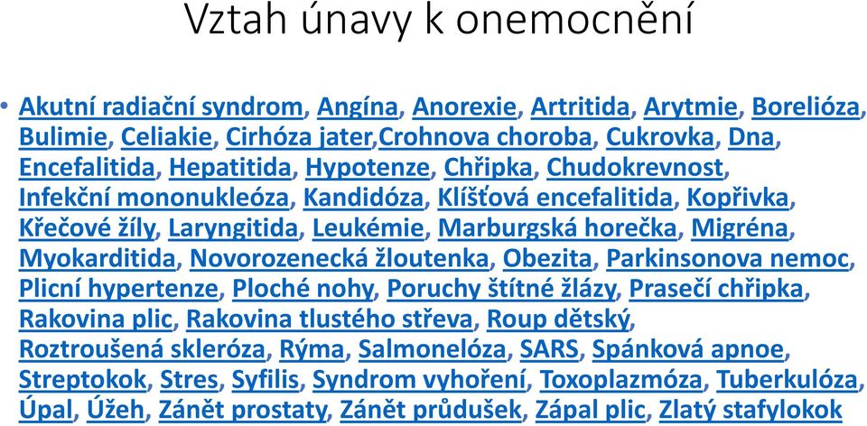 Myokarditida, Novorozenecká žloutenka, Obezita, Parkinsonova nemoc, Plicní hypertenze, Ploché nohy, Poruchy štítné žlázy, Prasečí chřipka, Rakovina plic, Rakovina tlustého střeva, Roup