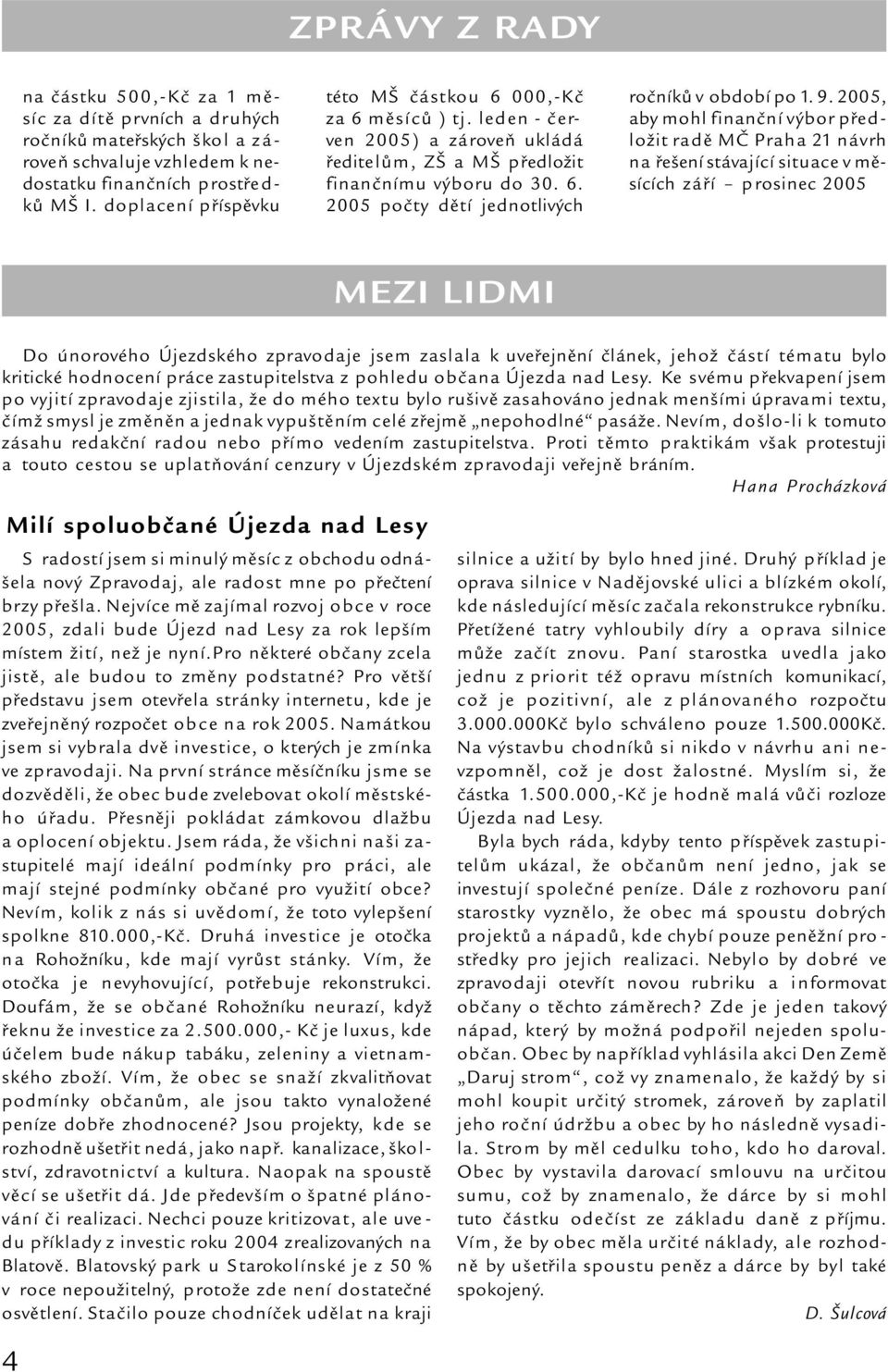 9. 2005, aby mohl finanční výbor předložit radě MČ Praha 21 návrh na řešení stávající situace v měsících září prosinec 2005 MEZI LIDMI Do únorového Újezdského zpravodaje jsem zaslala k uveřejnění