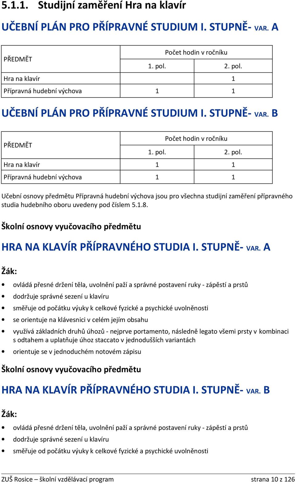 1.8. Školní osnovy vyučovacího předmětu HRA NA KLAVÍR PŘÍPRAVNÉHO STUDIA I. STUPNĚ- VAR.