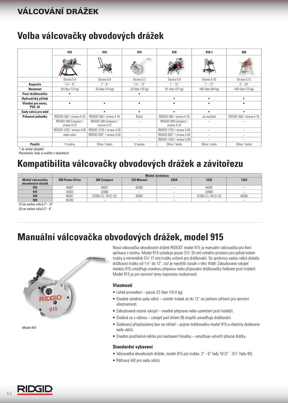 drážkovačka Hydraulický přítlak Vhodné pro nerez, PVC, Al Sady válců pro měď Pohonné jednotky RIDGID 300 / strana 4.16 RIDGID 300 / strana 4.16 Ruční RIDGID 300 / strana 4.