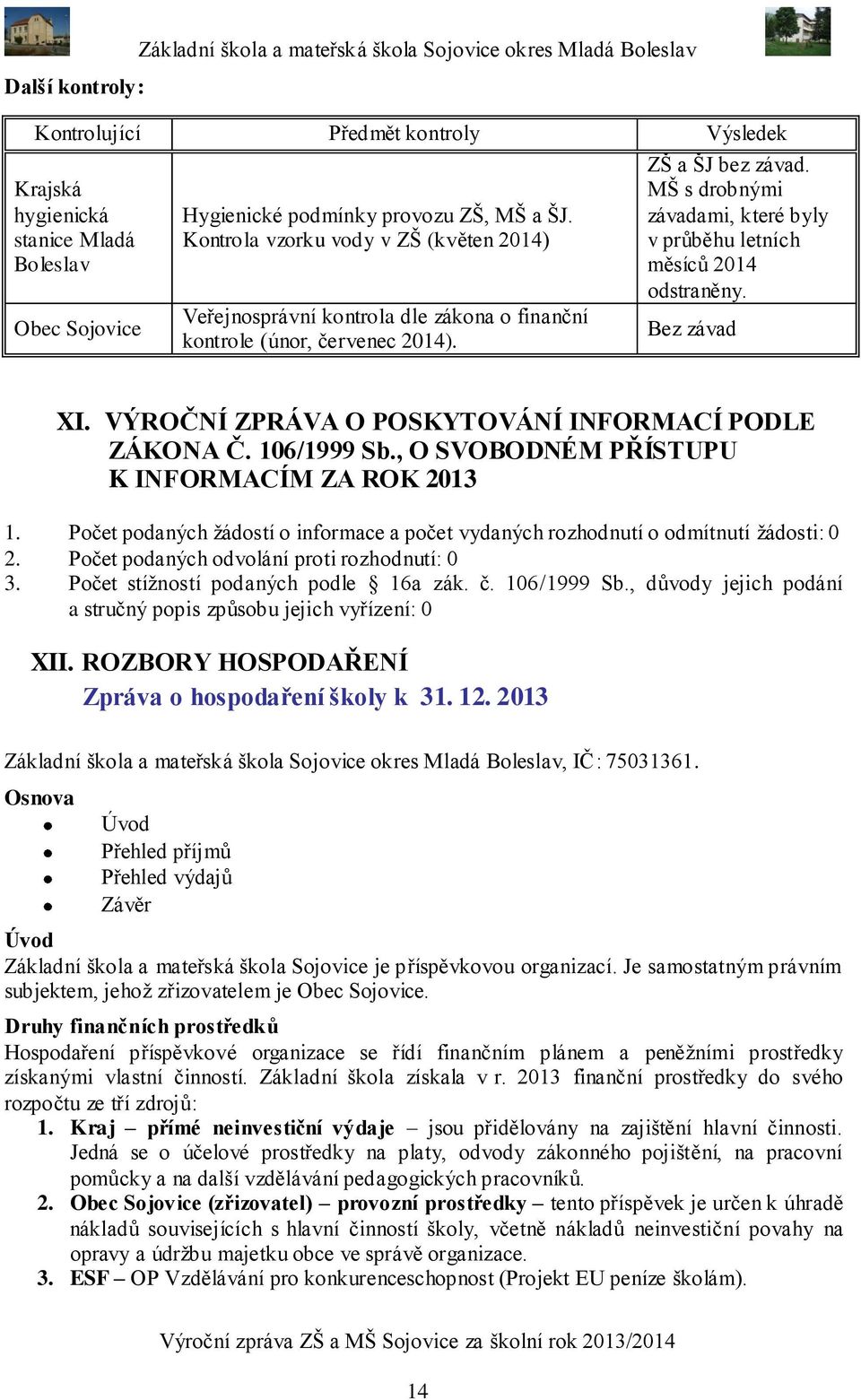 MŠ s drobnými závadami, které byly v průběhu letních měsíců 2014 odstraněny. Bez závad XI. VÝROČNÍ ZPRÁVA O POSKYTOVÁNÍ INFORMACÍ PODLE ZÁKONA Č. 106/1999 Sb.